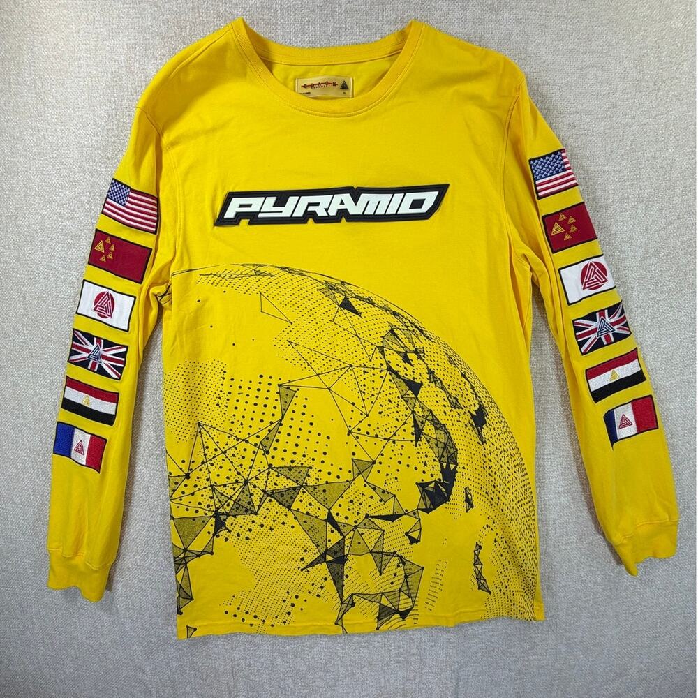 Black Pyramid Men's XL Yellow NWOT Globe Graphic Embroidered Long Sleeve T Shirt